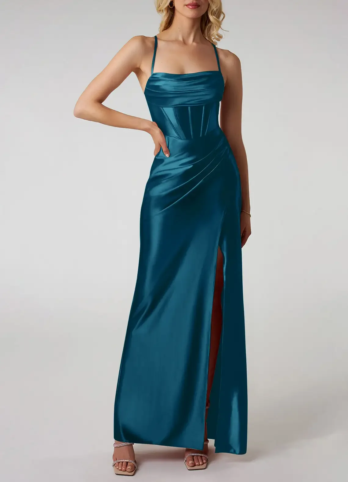 Ice Blue V-Neck Dress With Beaded Applique And Side Slit