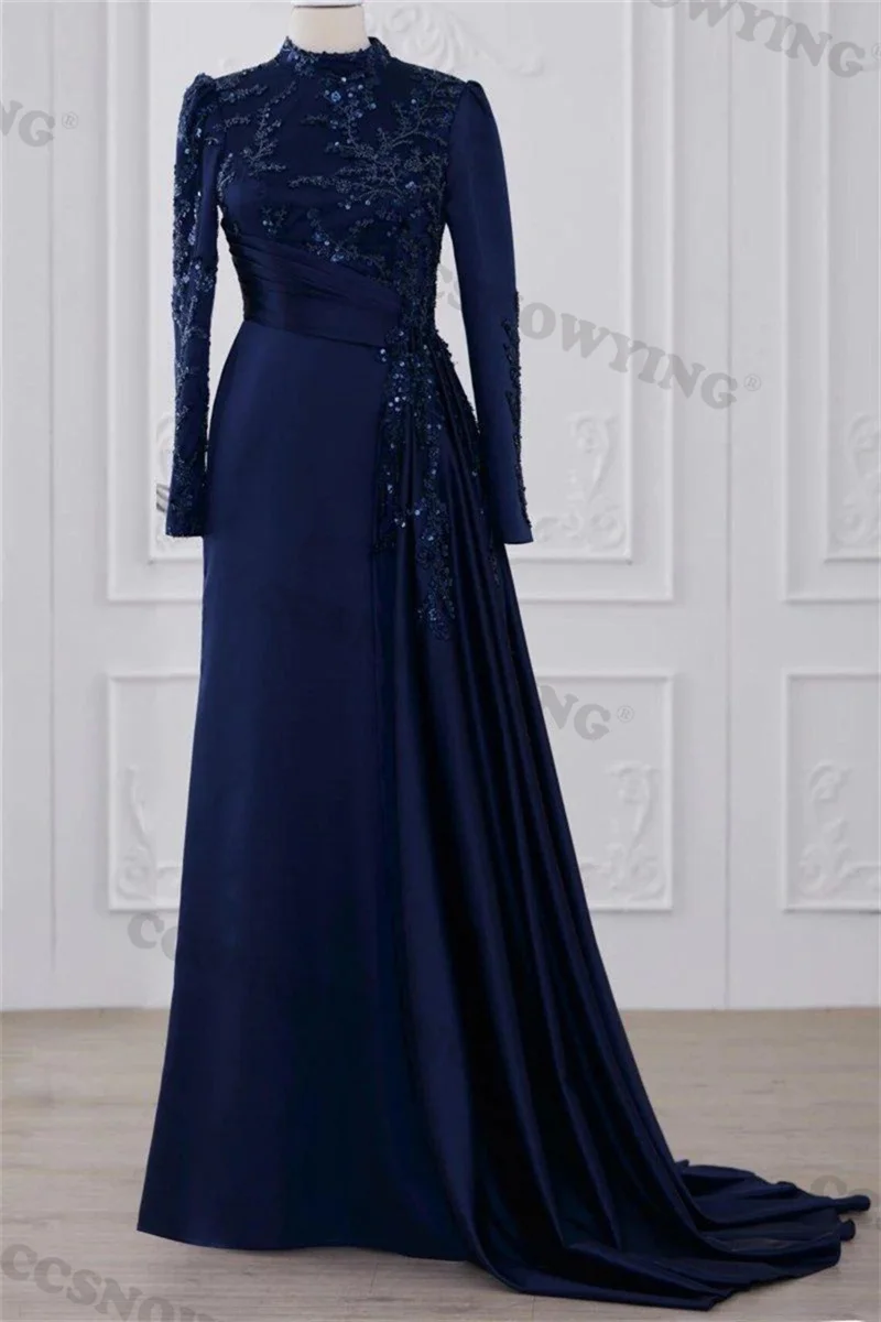 Muslim Full Sleeve Velvet Evening Dresses V Neck Navy Blue Rhinestones Ball  Gown Formal Evening Gowns Elegant Ball Gown
