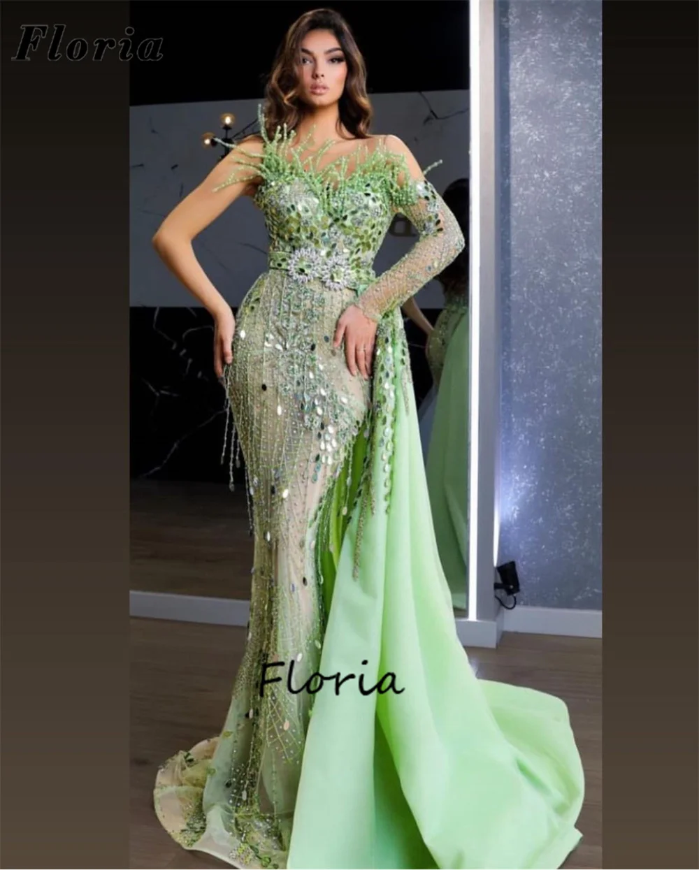 Haute Coutures Green Beading Evening Dresses Crystals Tassel Mermaid  Celebrity Dress With Slit TrainDubai Engagement Party Gowns, Beyondshoping