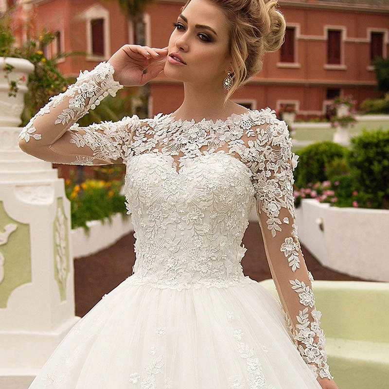Princess Lace Wedding Dress With Sheer Long Sleeves and Illusion