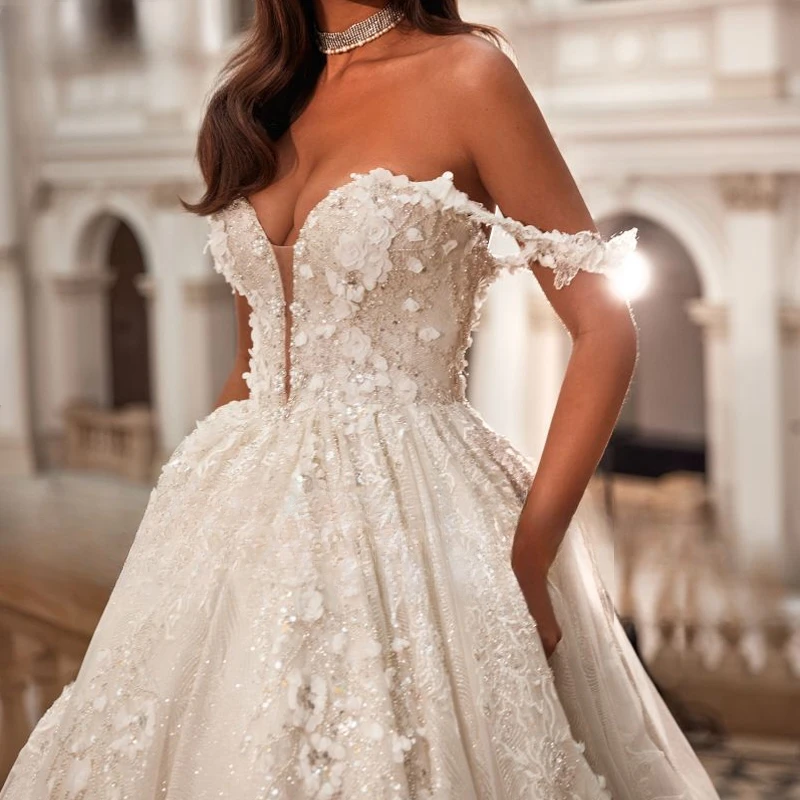 2023 Luxury Off Shoulder Chapel Train Princess Bridal Gown Sexy Sweetheart  Appliques Ball Gown Female Wedding Dress, Beyondshoping