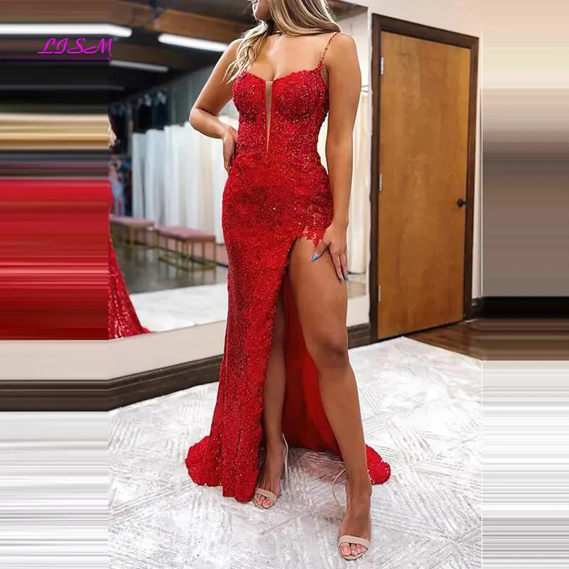 Backless Spaghetti Strap Split Red Sexy Prom Dress - Xdressy