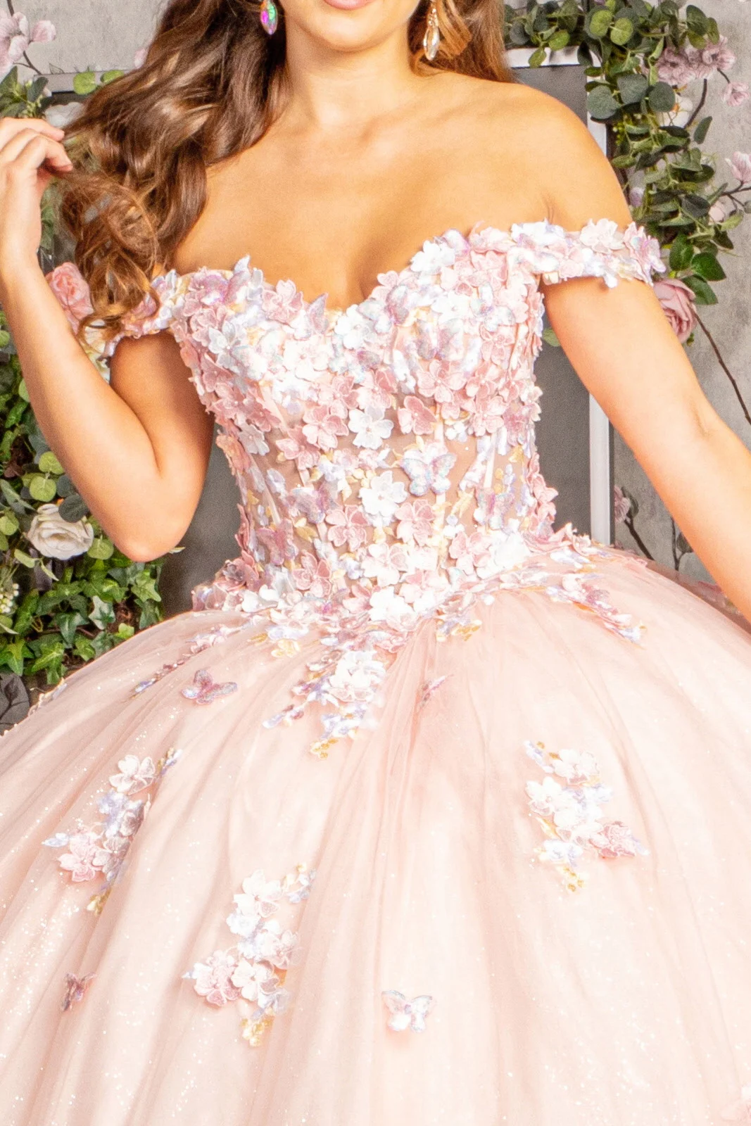 Jewel Mesh Quinceanera Gown w/ 3-D Butterfly Appliques and Long Mesh C –  Marly Bridal