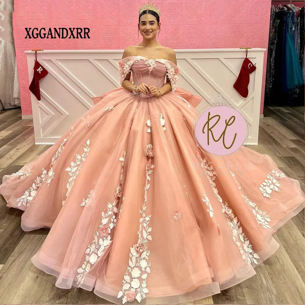 Mexican princess Pink Quinceanera Dresses with 3D Floral Applique lace-up  corset Vestidos XV Años Sweet