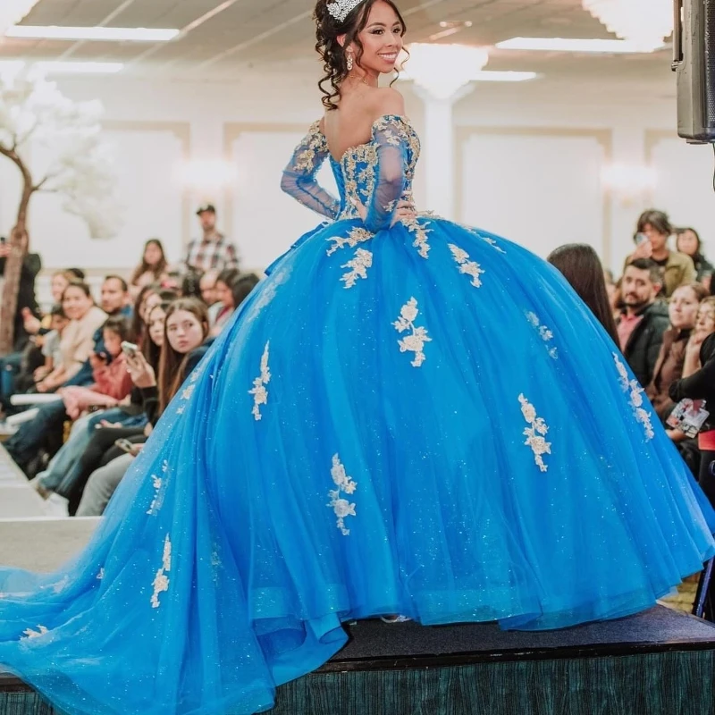 Blue Shiny Princess Sweet 16 Quinceanera Dresses Off Shoulder