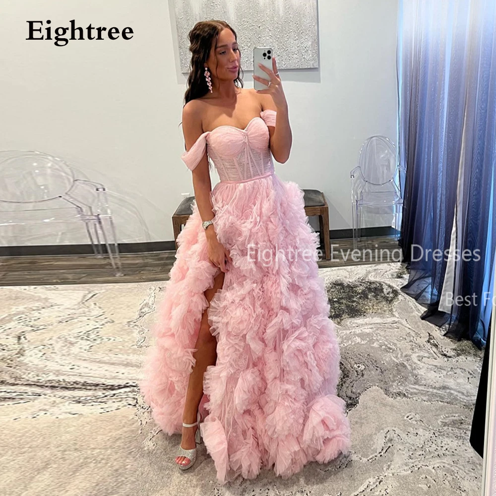 Eightree Light Pink Tulle A Line Evening Dresses Off Shoulder