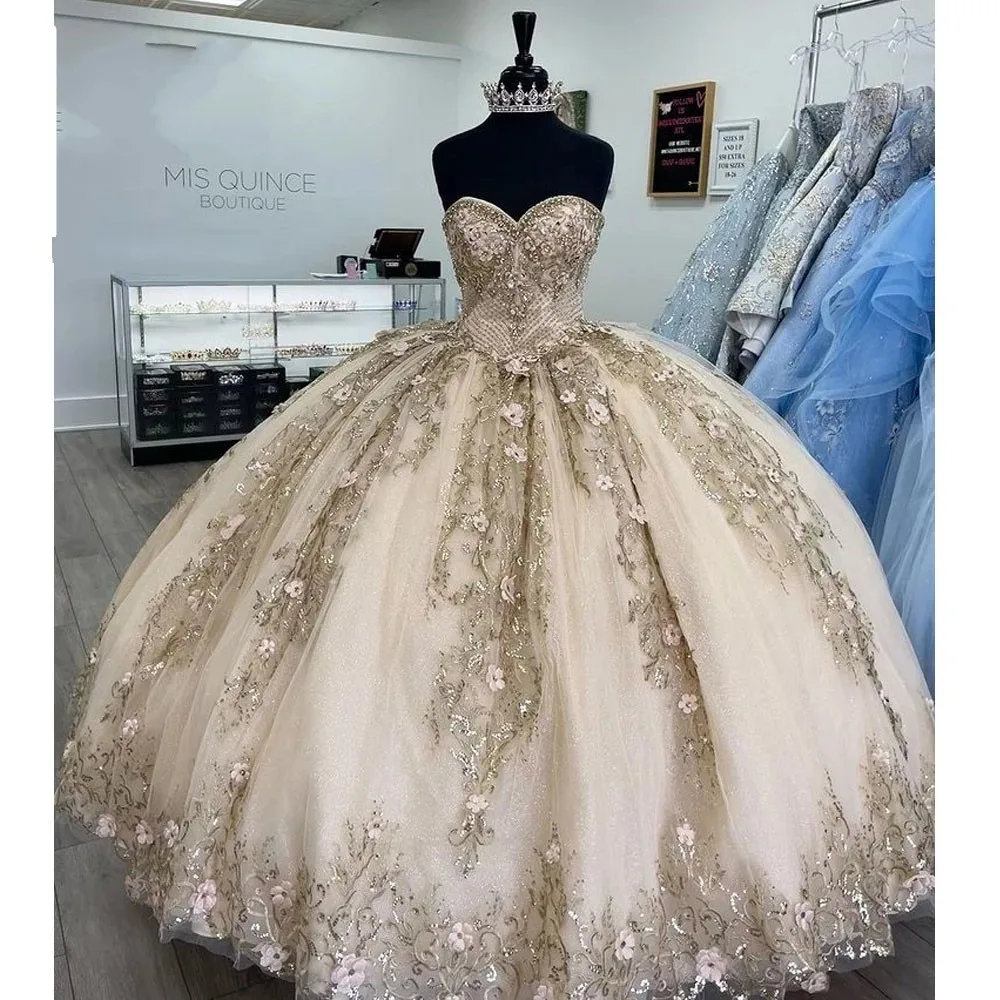 Rose Gold Quinceanera Dresses Princess Ball Gowns Sequins Vestidos De 15  Años