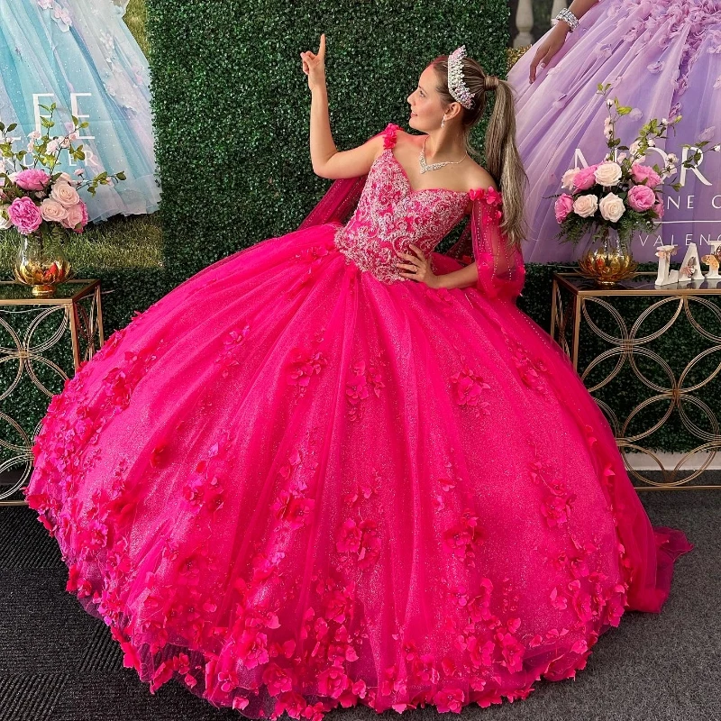 Luxury Vestido De 15 Años Rose Red Quinceanera Dresses 3DFlower Beads With  Cape Mexican Girls Sweet 16 Birthday Party Dress, Beyondshoping