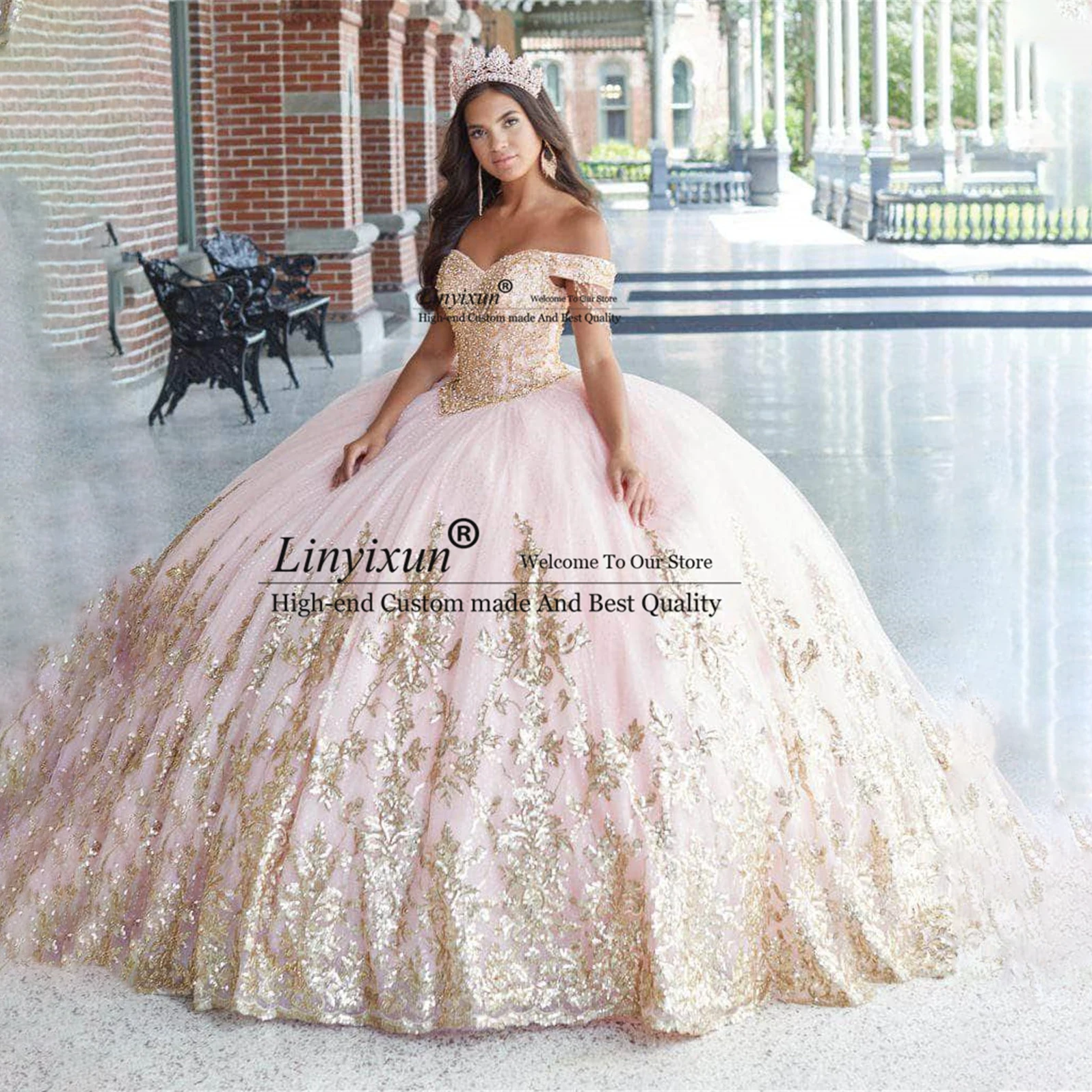 Rose Gold Quinceanera Dresses Princess Ball Gowns Sequins Vestidos De 15  Años