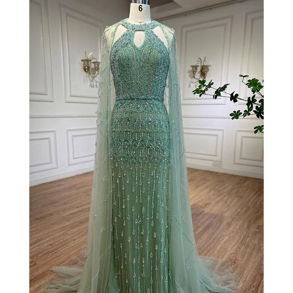 ToBeBridal 2024 Luxury Acutal Photos Vestidos De Noche with Long Cape Halter Mermaid Mint Sequins Serene Hill Dresses TE9491 1