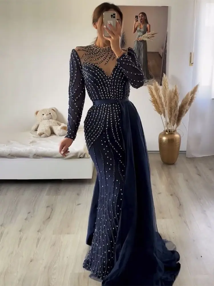 ToBeBridal 2024 Real Photos Navy Dress Party Evening Elegant Luxury Celebrity Illusion Long Sleeves Side Overskirt TE9489 1