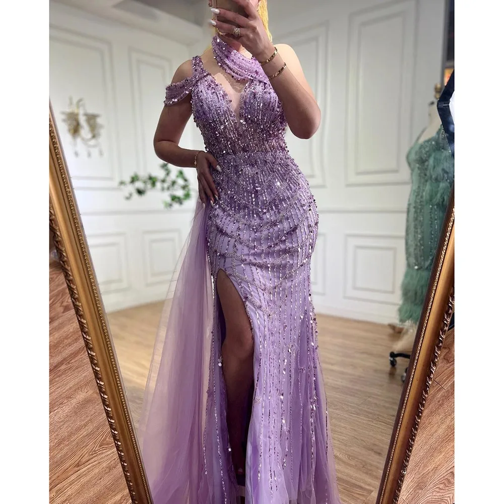 ToBeBridal 2024 Luxury Real Photos Off Shoulder Sheath High Slit Evening Gown Lilac Sequins Overskirt Serene Hill Dresses TE9490 1