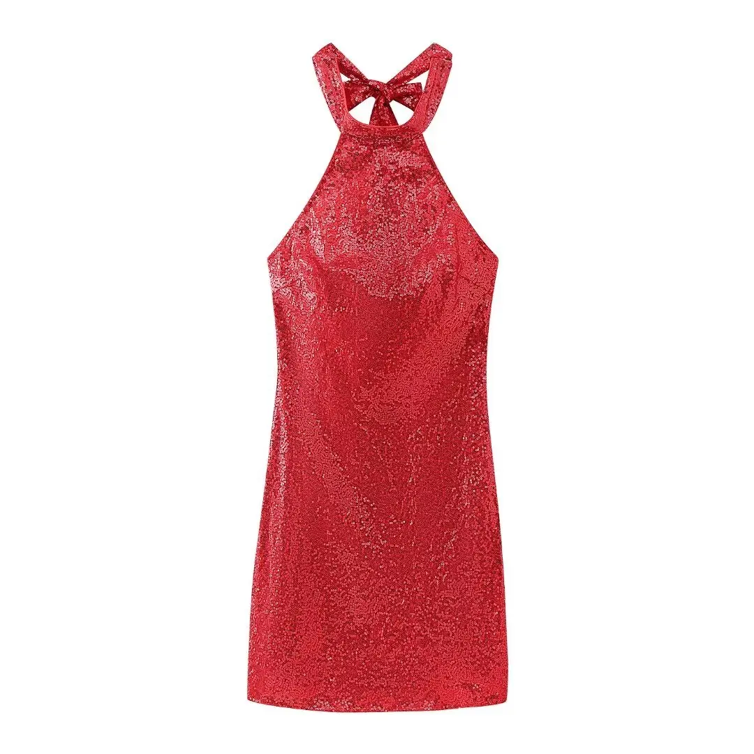 TRAF 2024 New Women Fashion Mini Dress Halterneck Sequined Red Solid Color  Black Sleeveless Backless Sexy Slim Midi Dresses, Beyondshoping