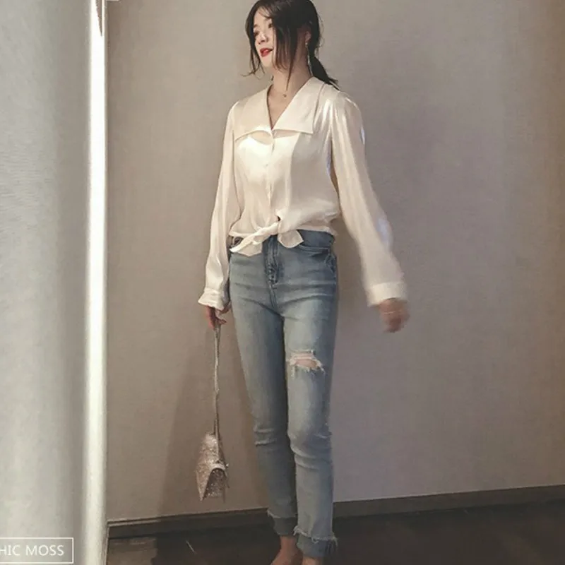 2021 Spring Fashion Button Up Satin Silk Oversized Shirt Vintage Blouse  Women White Lady Long Sleeves Female Loose Street Shirts, Beyondshoping