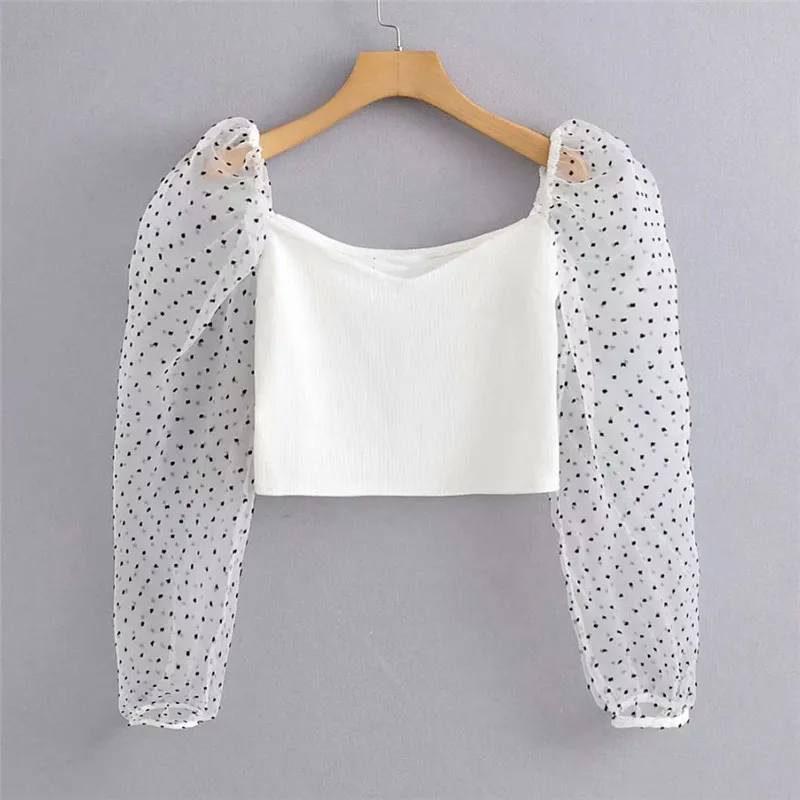 White Transparent Polka Dot Mesh Patchwork Blouses Womens Long