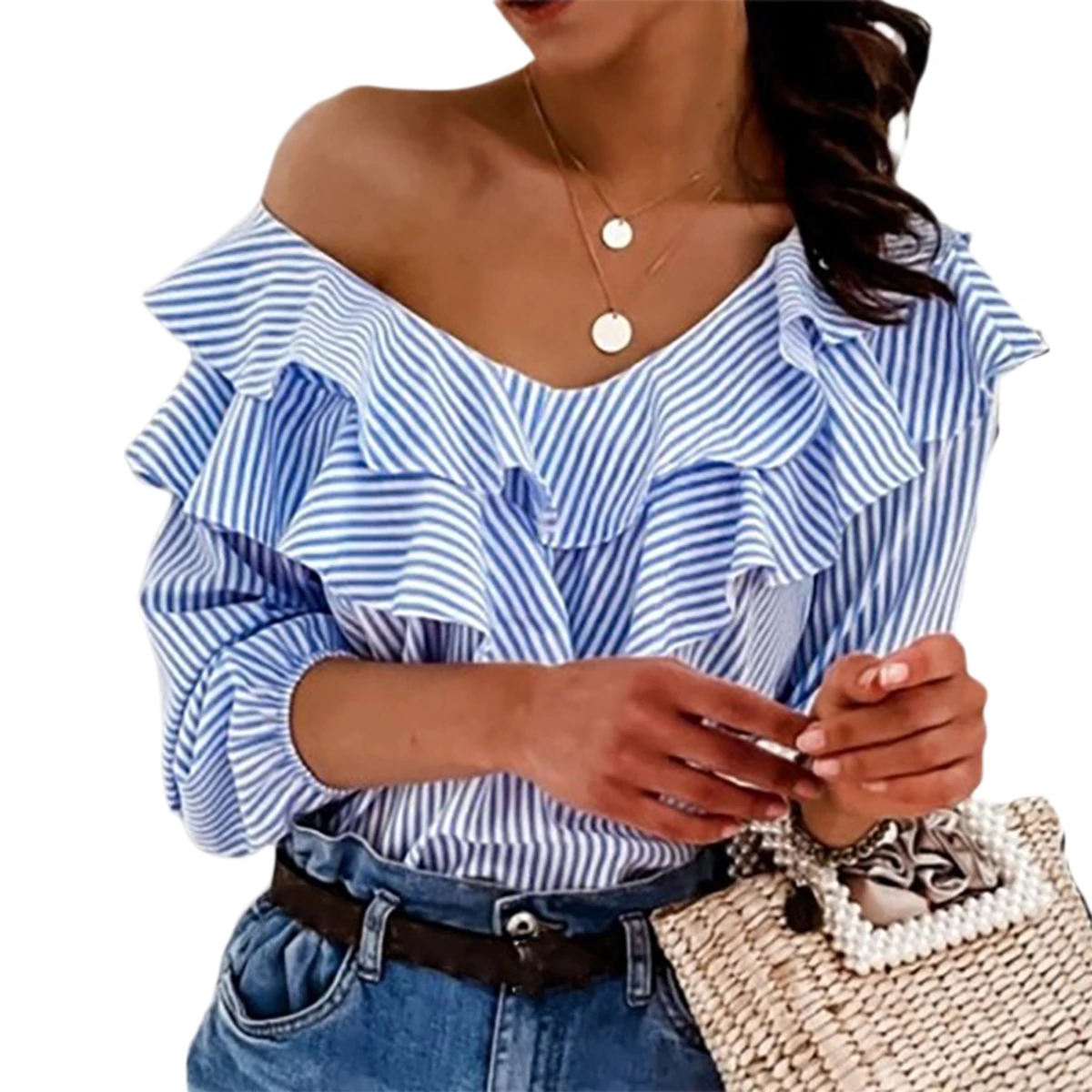 2020 Fashion Women Blue Striped Off Shouler Blouse Shirts Female