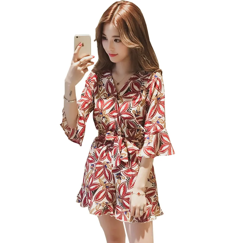 Women Summer Jumpsuit V neck Lotus Leaf Sleeve Chiffon Rompers