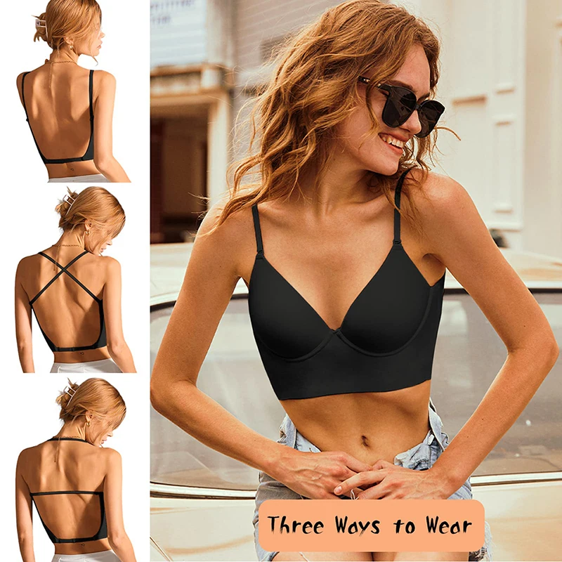 Low Back Bras for Women-Seamless Wired Deep-V Plunge Invisible Backless  Bras Low Cut Multiway Halter Bra