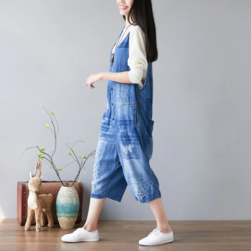 Women Retro Denim Bib Overalls Jeans Jumpsuits and Rompers Ladies Ripped  Hole Casual Stretch Long Playsuit Pockets Jumpsuit