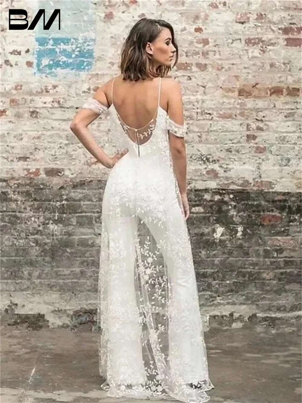 Boho Beach Lace Wedding Jumpsuit Backless Bridal Gown With Cloak