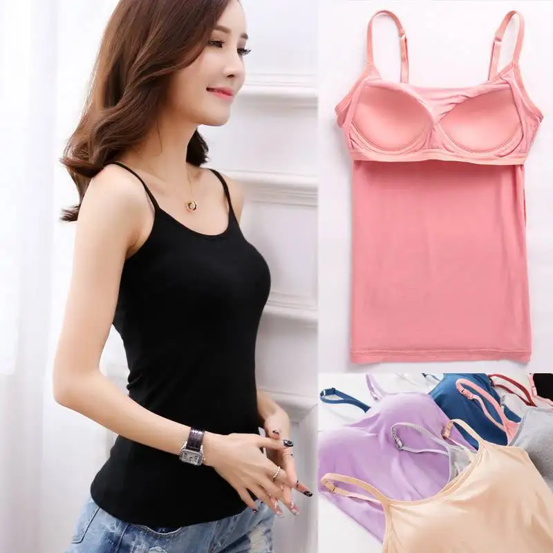 New Padded Bra Tank Top Women Spaghetti Solid Cami Top Vest Female Camisole  With Built In Bra Fitness Clothing - Beyondshoping