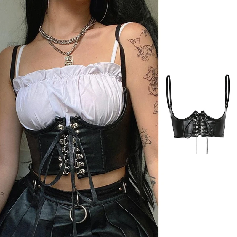 Women Gothic Punk Faux Leather Corset Crop Top Lace-Up Underbust