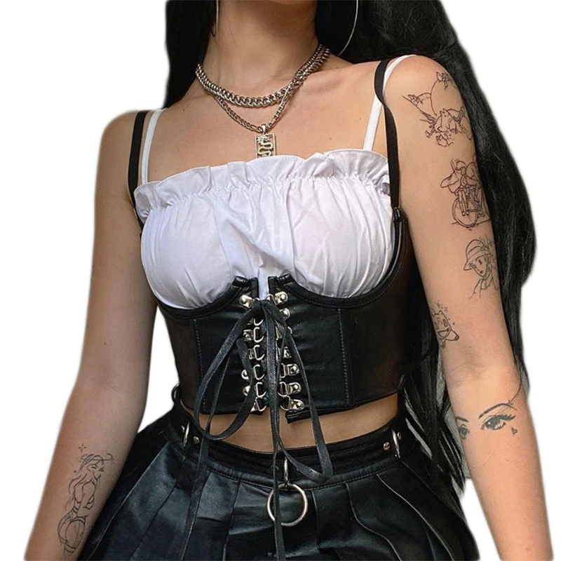 Women Gothic Punk Faux Leather Corset Crop Top Lace-Up Underbust Waist Belt  Cincher Vintage Sleeveless Vest Bustiers, Beyondshoping