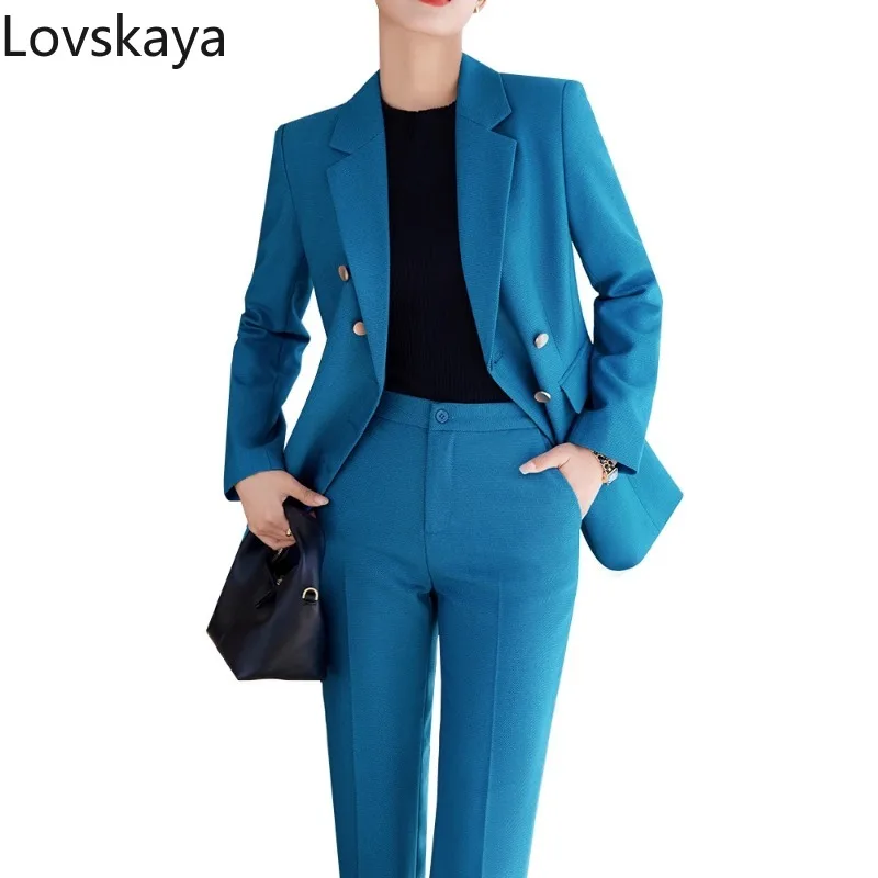 Blue Splicing Colors Women Suit Set Blazer+Strap Bra Top+Pants 3
