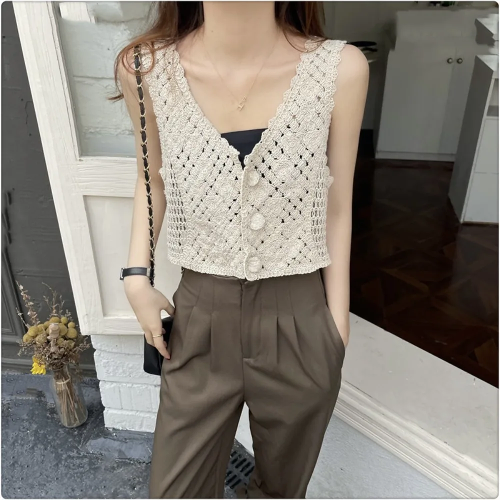 Women Knitted Hollow Out Embroidery Tank Top Summer Ethnic Style Retro  V-neck Camisole