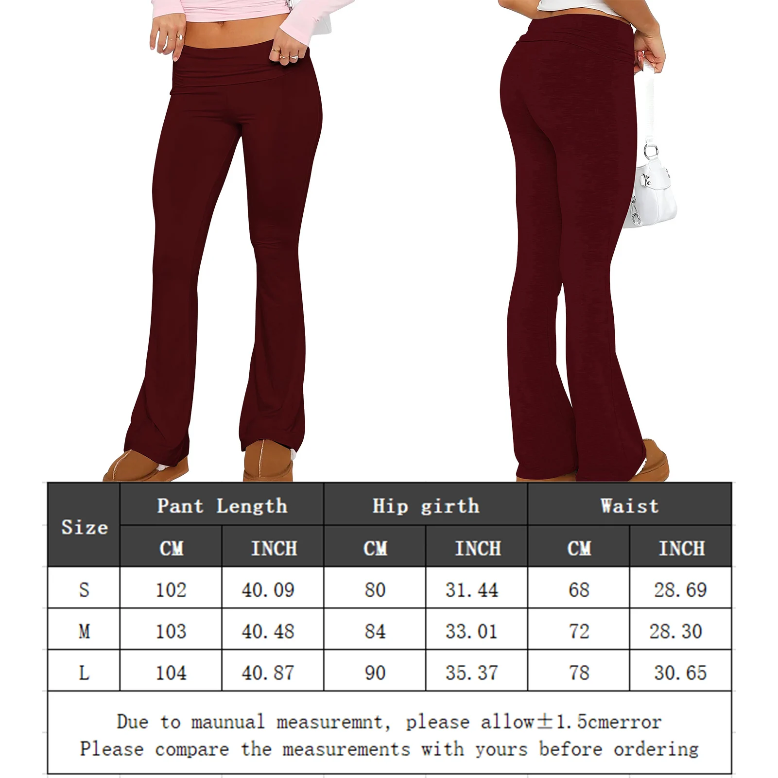 Women Bell Bottom Pants Tummy Control Bootcut Leggings Solid Color Stretchy  Leggings Foldover Trousers Workout Pants, Beyondshoping