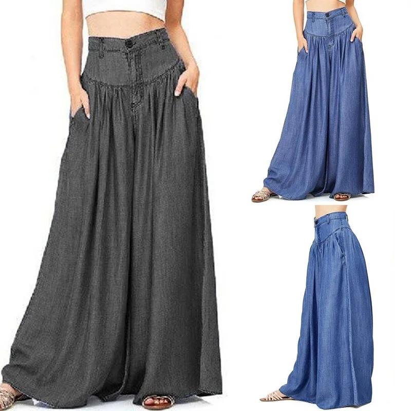 ewq] Korean High Waist Pleated Causal Pants Women Vintage Blue