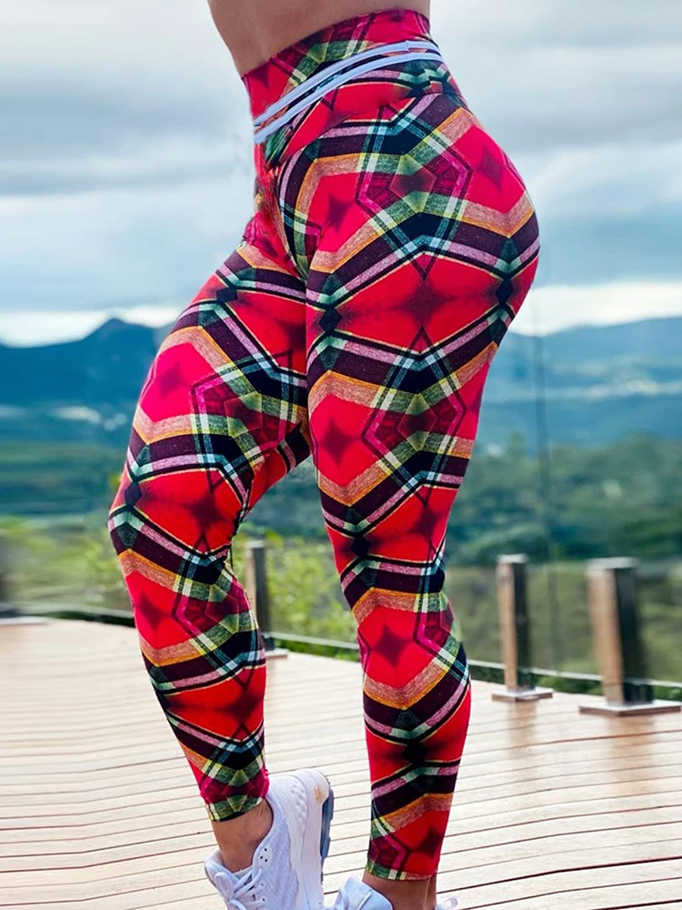 Running Leggings Yoga Pants Fitness Women Plaid Digital Printed