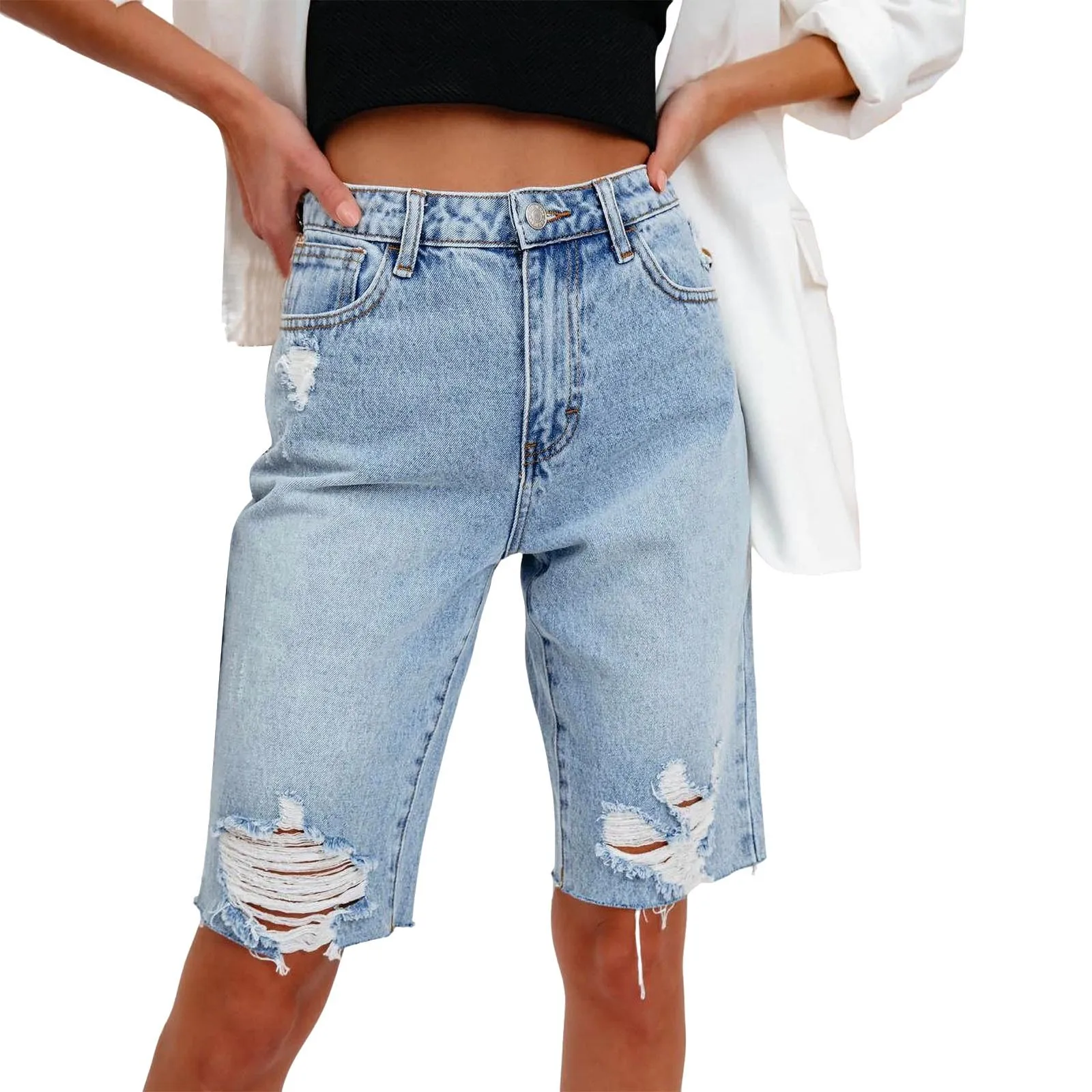 Amazon.com: Ladies Denim Shorts Pants Ripped Hole Wahsed Jeans Short Pants  Lady High Rise Summer Casual Pants with Pocket (Black, S) : Clothing, Shoes  & Jewelry