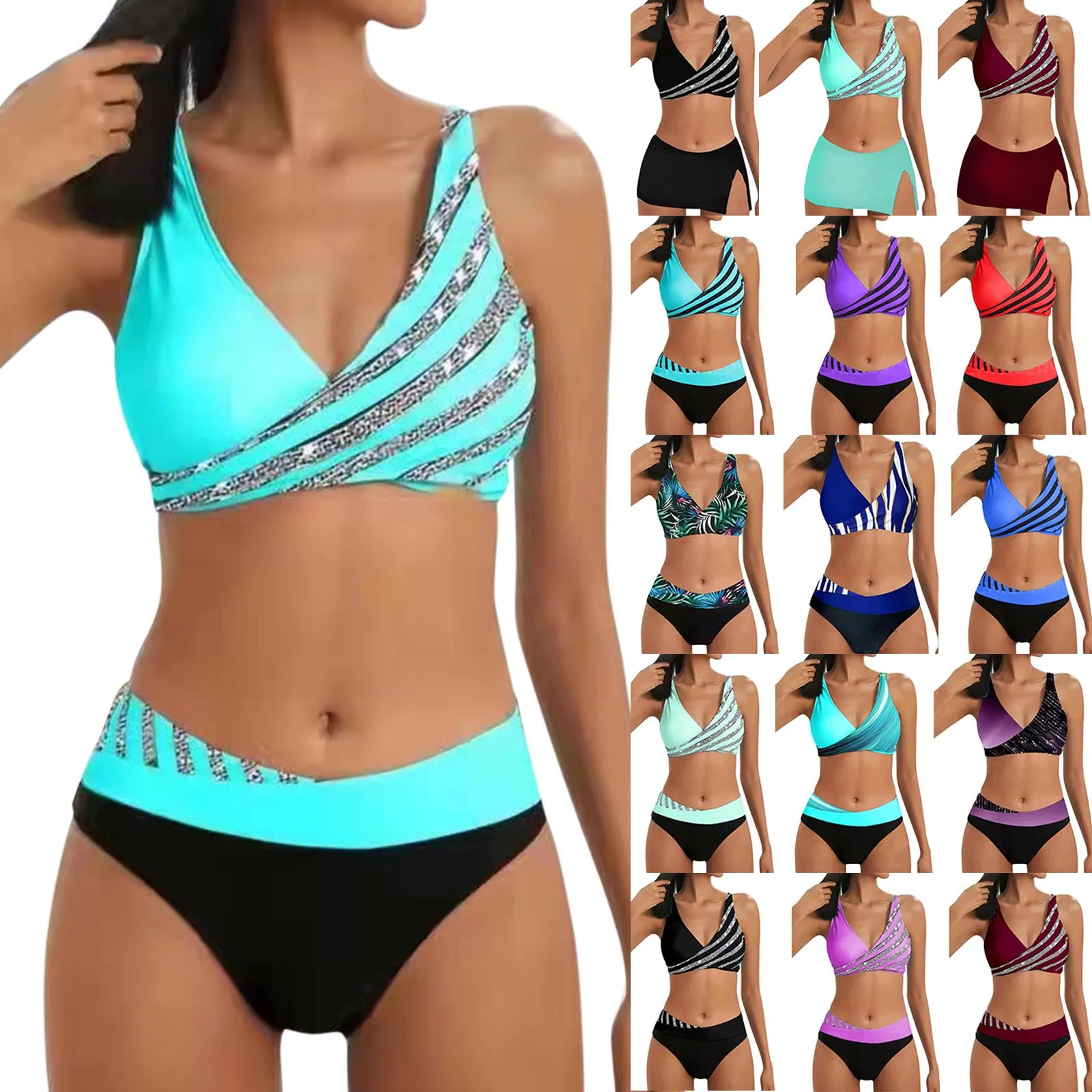Women's High Waisted Bikinis Two Pieces Set Mixed Colors Sexy Push Up Plus  Size Swimsuit 2024 Summer Beachwear Bathing Suits, Beyondshoping
