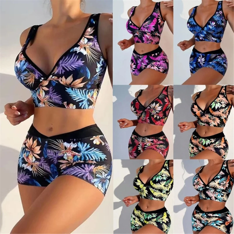 Women Swimwear Tummy Control Bikini Set Crop Top Floral High Waist  Beachwear Swimsuit Bathing Suit