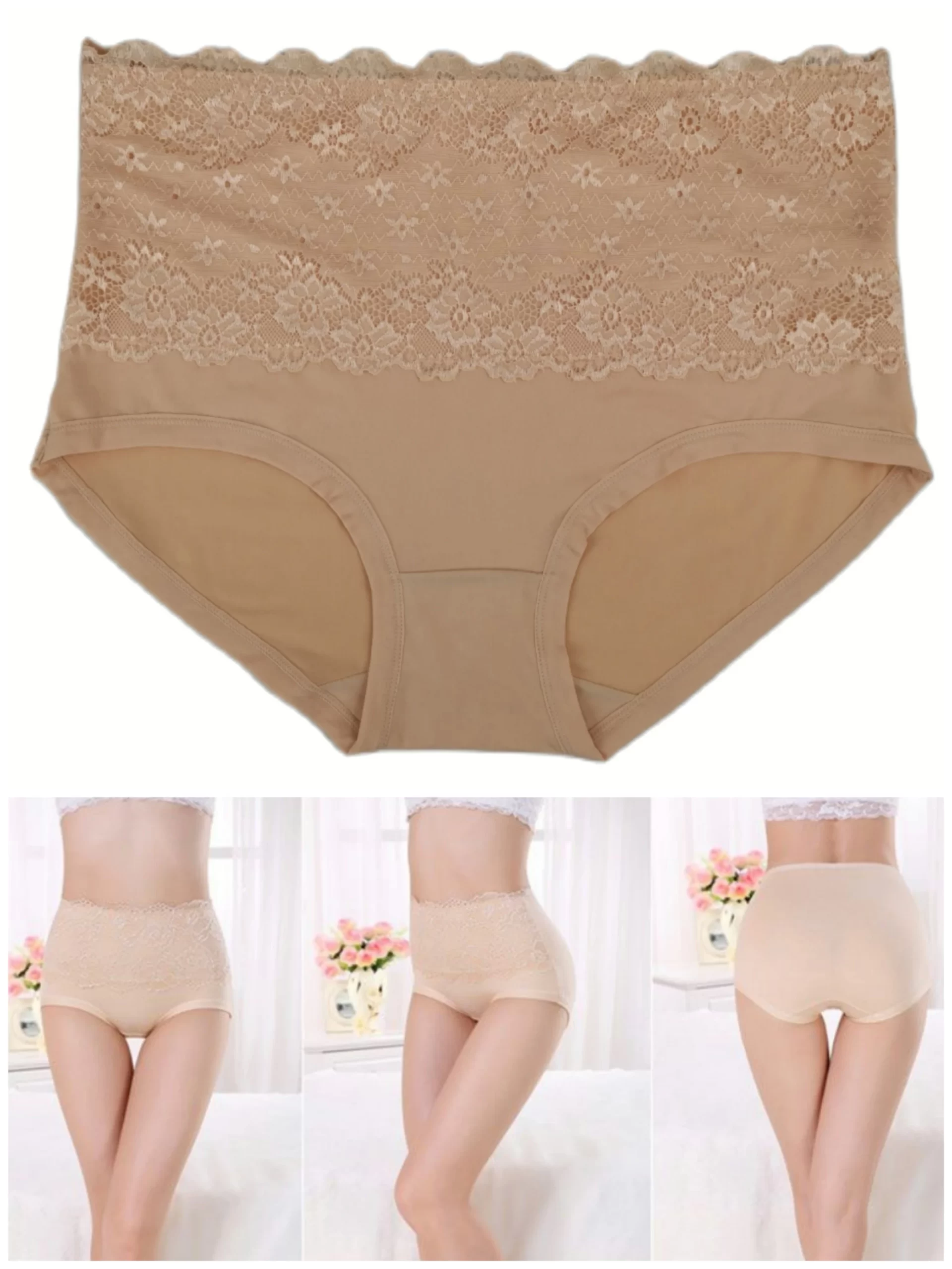 Women's Modal High Waist Floral Lace Panties Sexy Lingerie Underwear Plus  Size
