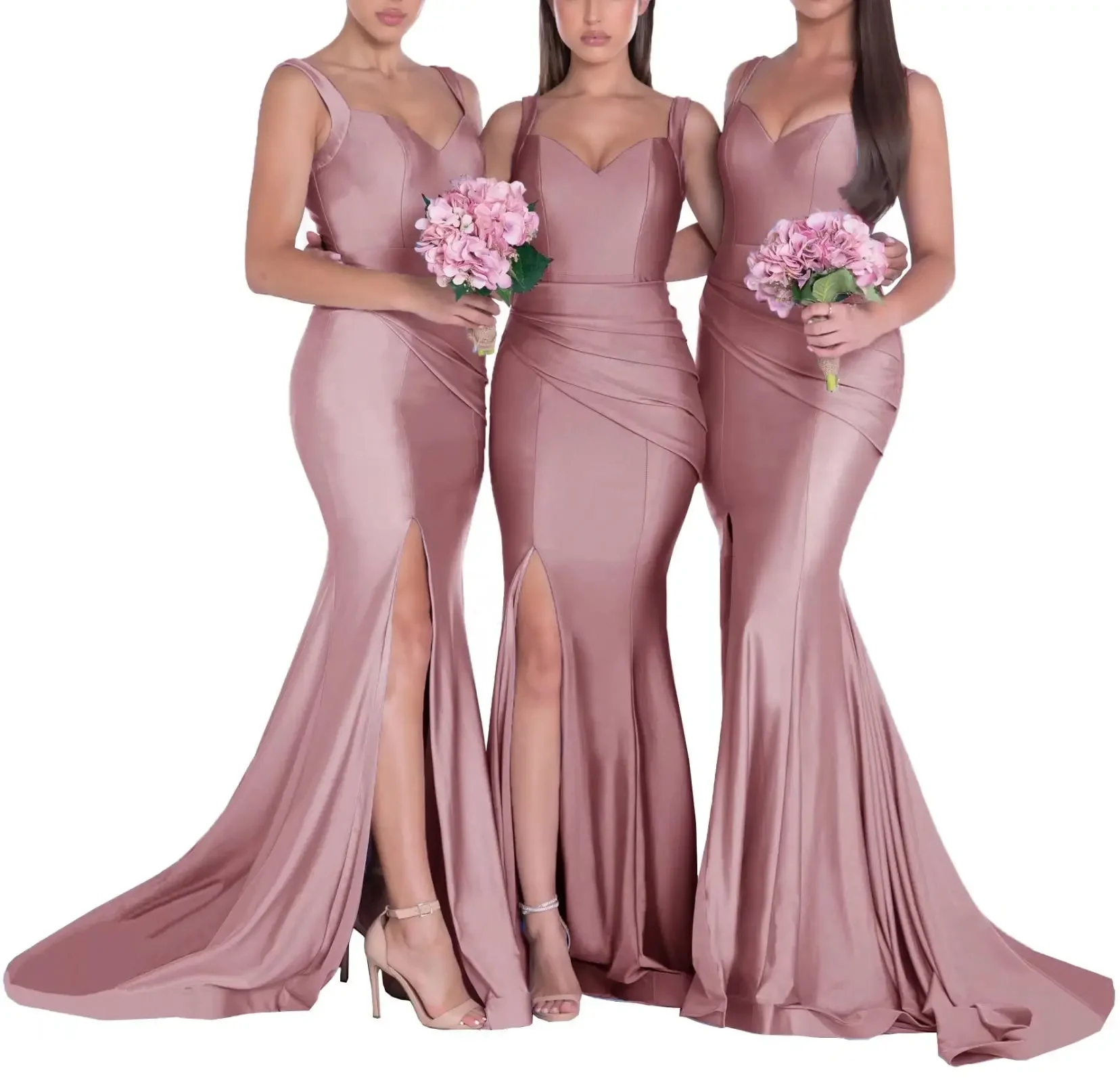 V Neck Mermaid Bridesmaid Dresses Long Satin Slit Formal Prom Evening Gowns Wedding Guest Dresses for Women 1