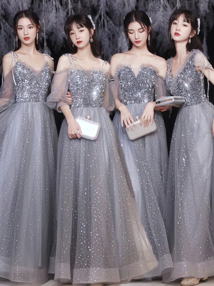 Grey Sequin Tulle Bridesmaid Dresses Women V-Neck Off Shoulder Lace-Up A-line Choir Dress Exquite Elegant Modern Evening Gown 1