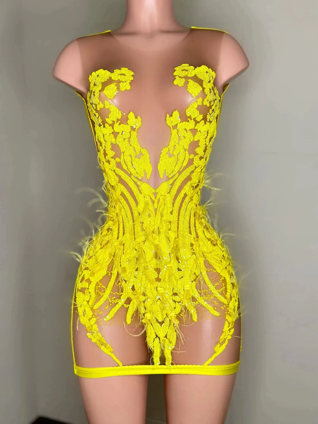 Yellow Sparkly Sheer Feather Short Prom Dresses Black Girls Sexy Birthday Party Dresses African Mini Cocktail Dresses Homecoming 1