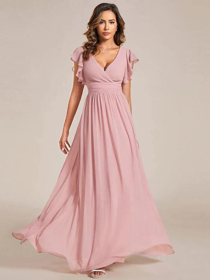 V Neck Back Cutout sexy A-Line Pleated Belted Ruffles Sleeve Chiffon Bridesmaid Dress 1