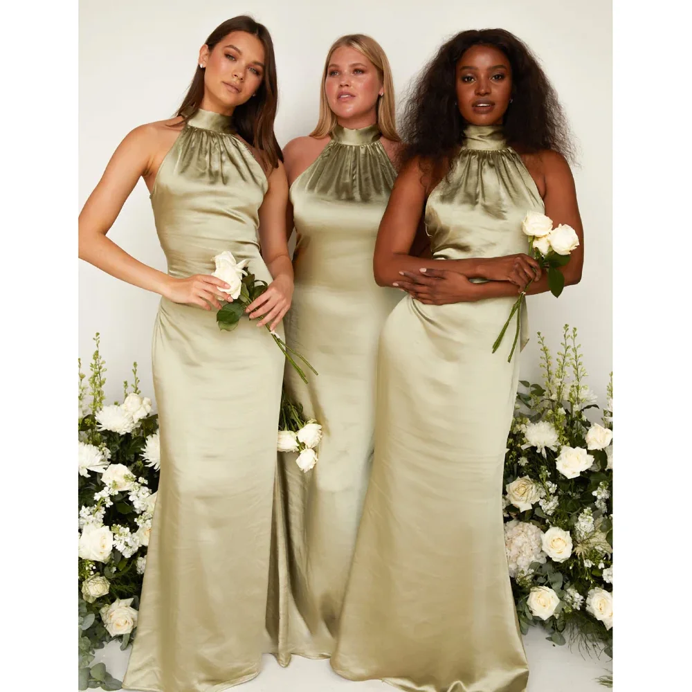 Chic Satin Wedding Party Dress Fashion Halter Sleeveless Solid Sheath Gowns  Floor Length Custom Elegant Bridesmaid Dresses 2024, Beyondshoping