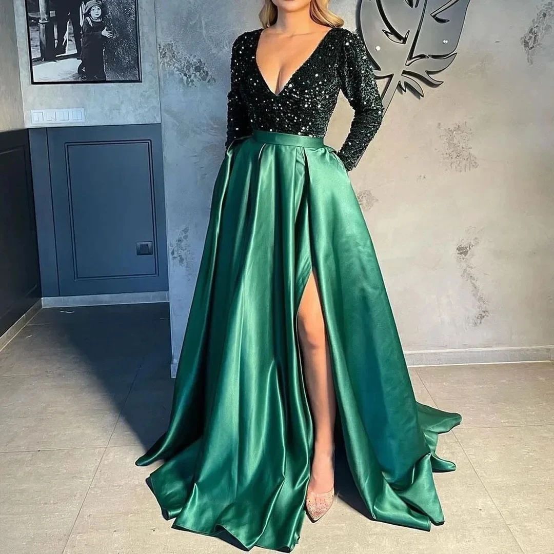 ₪372-Caroline Ball Gown Evening Dress With Full Sleeve 2023 Arabic Sparkly  Champagne Sequin Abendkleider Prom Gowns Party Cus-Description