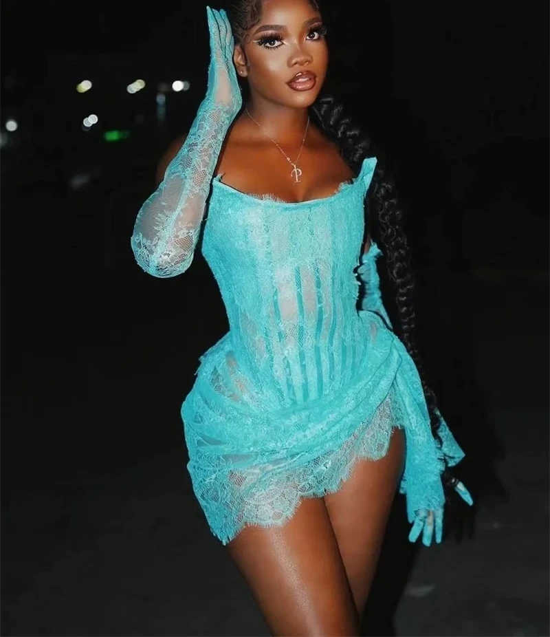 Turquoise Sheer Lace Short Prom Dresses Black Girls Sexy Birthday Party Dresses African Mini Cocktail Dresses Homecoming 1