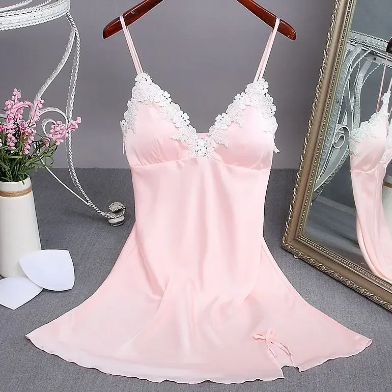 Summer Sexy Night Dress Lace Nightgown Women's New Lingerie Backless Lace  V-neck Nightwear Satin Nightdress With Pad Homewear
