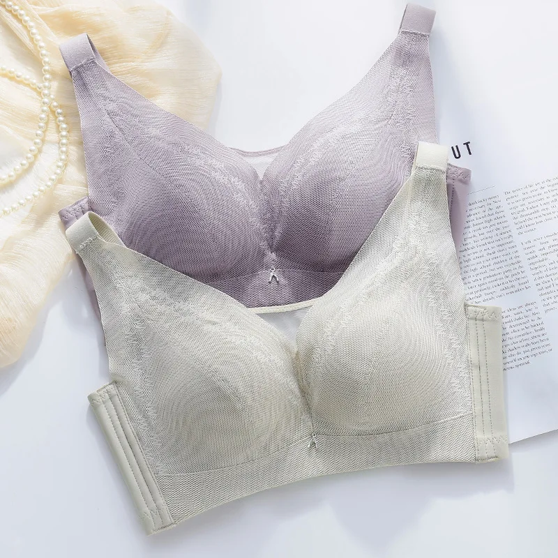 Real Silk Rimless Bra Sexy Lace Thin Cup Gather Support Bra