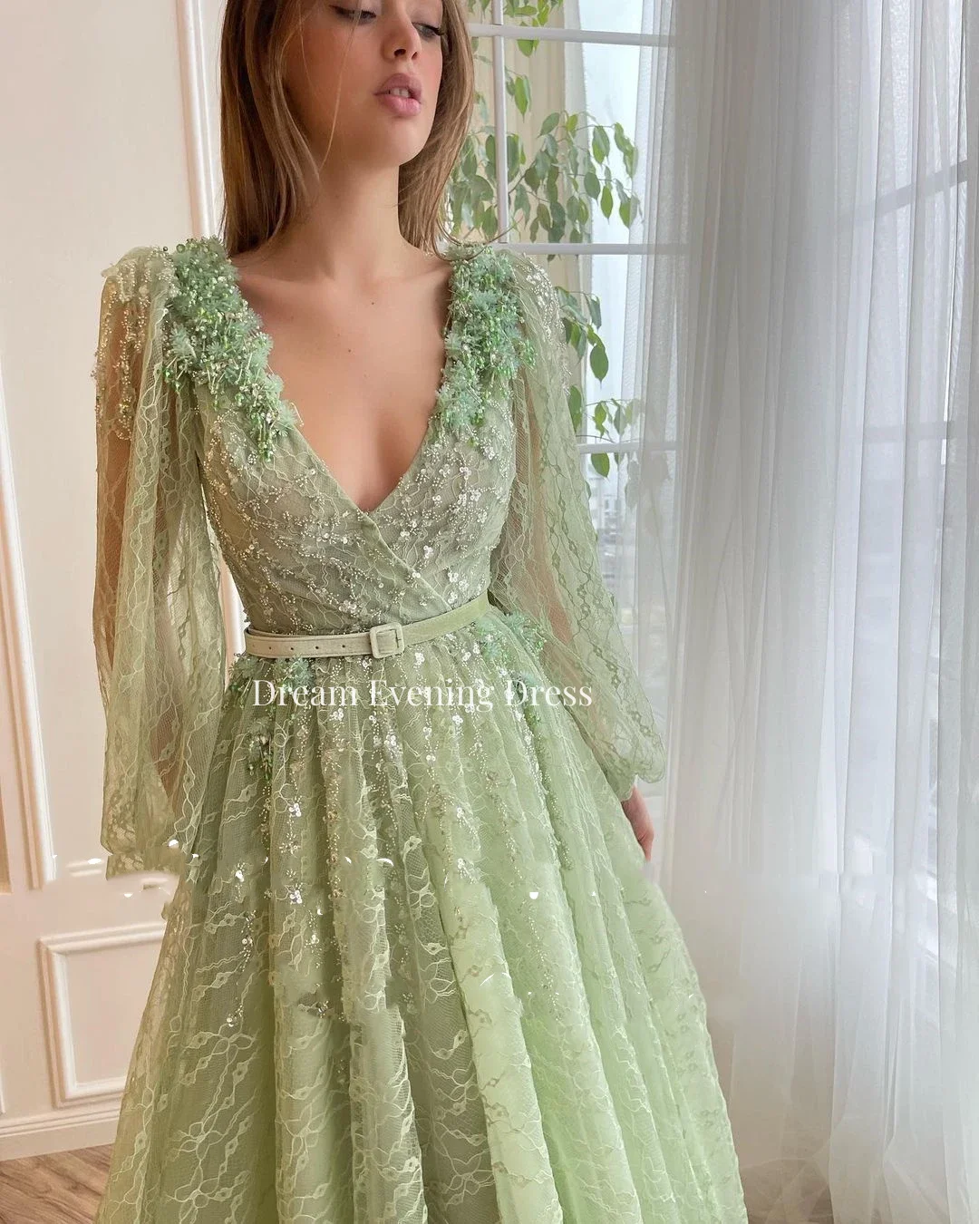 Elegant Green Deep V-Neck Tulle Prom Dresses Loose Long Sleeves Sequin  Beaded Sexy Backless Evening Dresses 2024 For Women, Beyondshoping