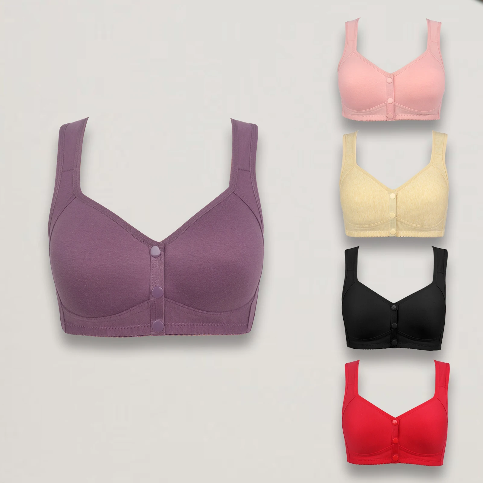 Bra Without Steel Ring Mother Underwear Female Front Buckle Solid Color  Gathered Large Size Women'S Underwear（3Pcs） 