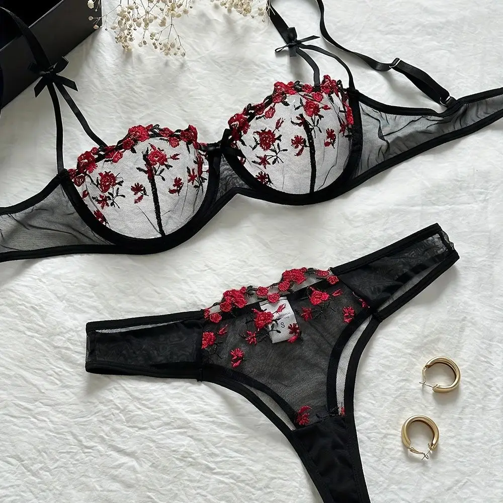 Lingerie Set: Black Skin Soft Bra With Velvet Straps & Thong Briefs  Embroidered -  Denmark