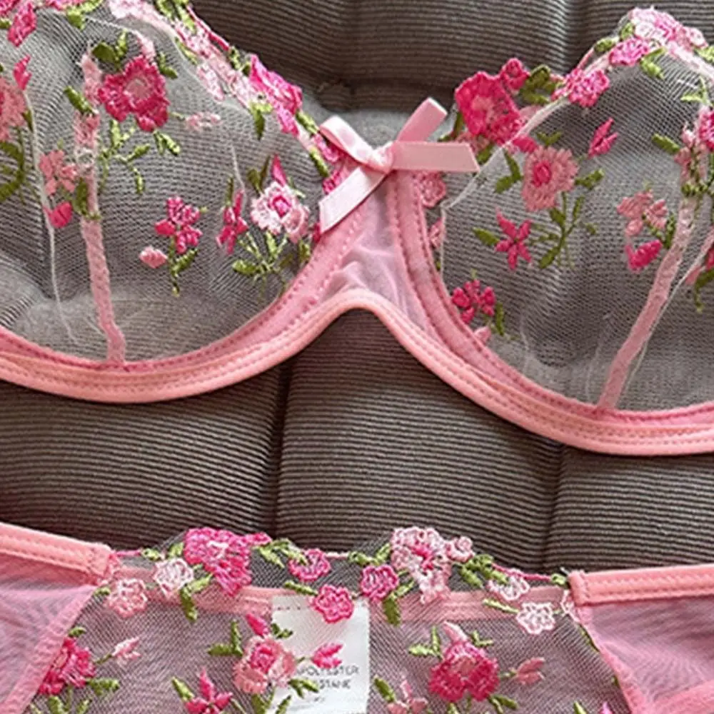 Ultra-Thin Transparent Bra Sets Floral Brassiere Thong Unlined