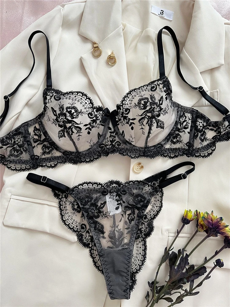 Sexy erotic underwear female ultra-thin transparent lace large size bra  triangle with steel ring bra and panties 2 pieces set (Color : black, Size  : 70A) at  Women's Clothing store